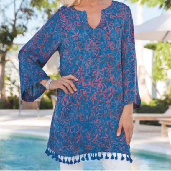 Soft Surroundings Batik Blue and Pink Tunic with Tassels - Picture 1 of 6